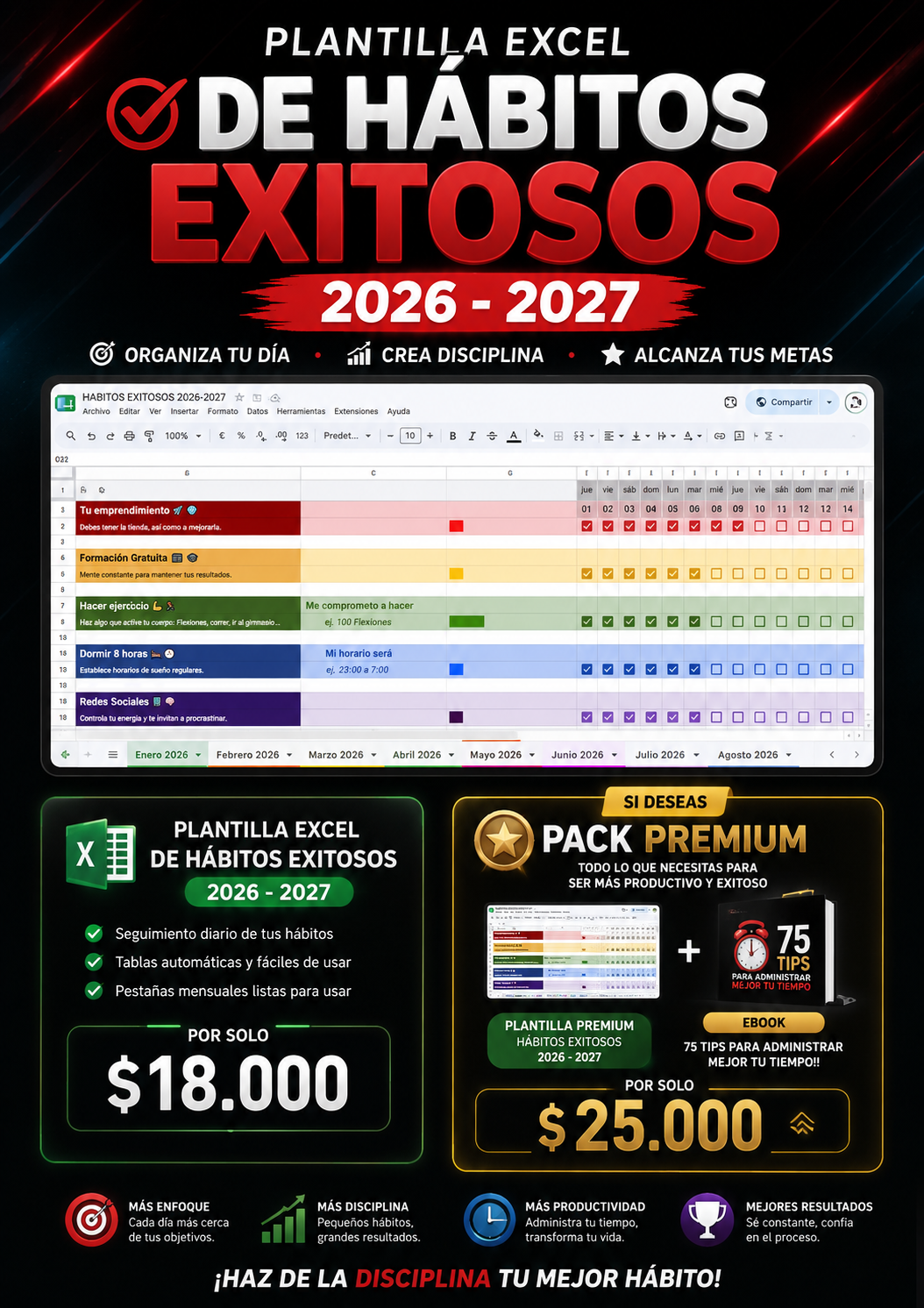 Portada del PDF Plantilla Excel de Hábitos Exitosos 2026 - 2027